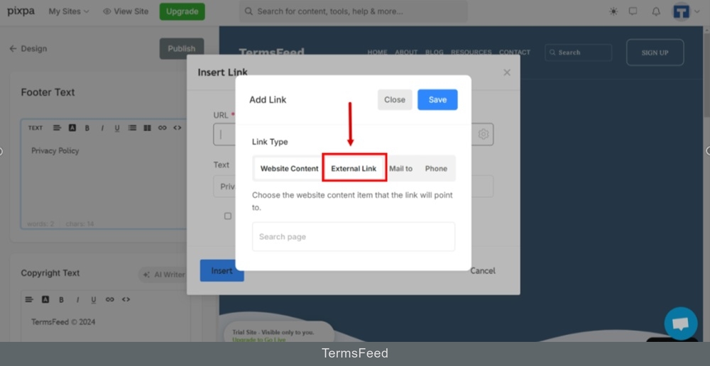 TermsFeed Pixpa - Design - Footer - settings - Insert Link - Settings - Add link window switch to External Link tab