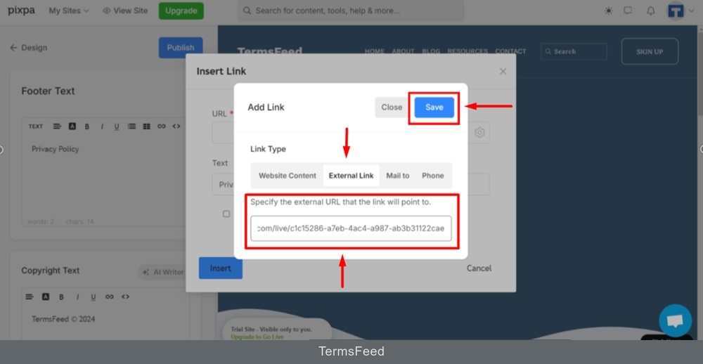 TermsFeed Pixpa - Design - Footer - settings - Privacy Policy - Insert Link - Settings - Add link window switch to External Link tab - Pasted - Save