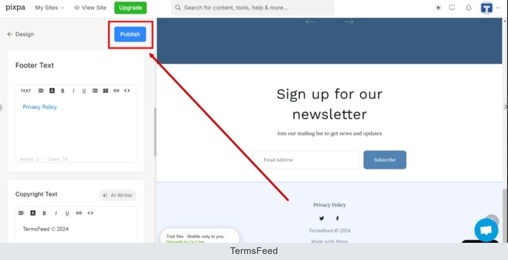 TermsFeed Pixpa - Design - Footer - settings - Privacy Policy - Link Inserted - Publish