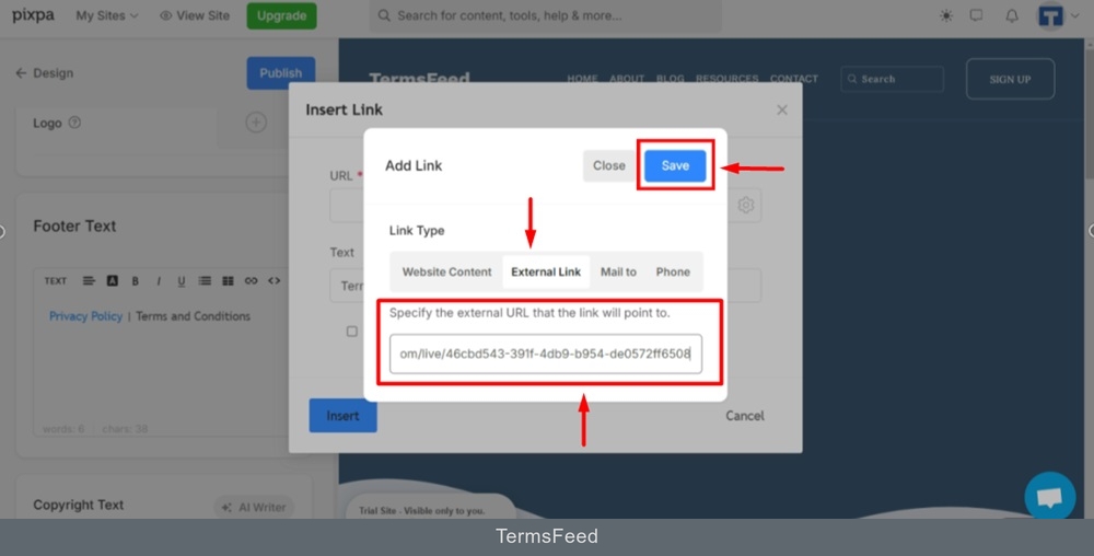 TermsFeed Pixpa - Design - Footer - settings - Terms and Conditions - Insert Link - Settings - Add link window switch to External Link tab - Pasted - Save