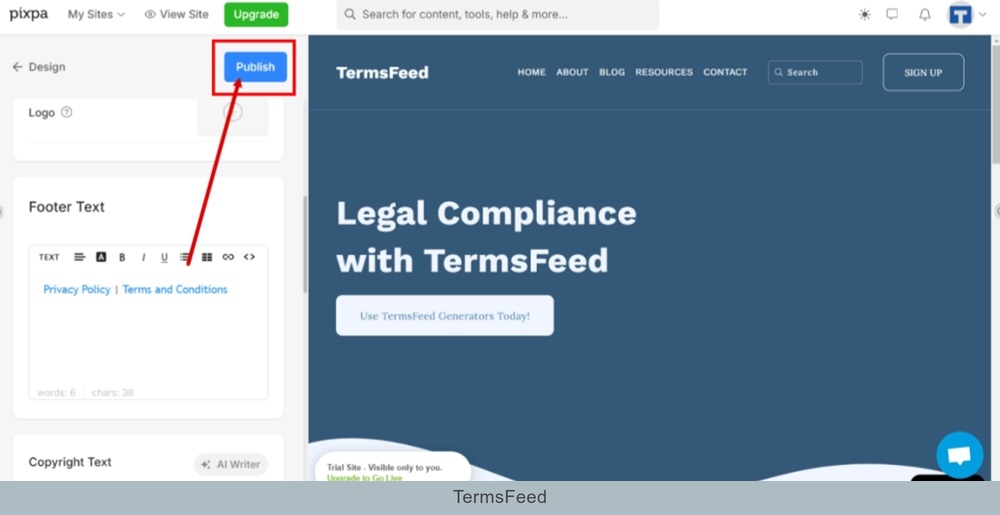 TermsFeed Pixpa - Design - Footer - settings - Terms and Conditions - Link Inserted - Publish