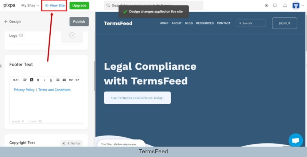 TermsFeed Pixpa - Design - Footer - settings - Terms and Conditions - Link Inserted - Published - View Site