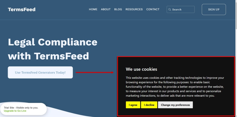 TermsFeed Pixpa - Preview - Cookie Consent Notice Banner displayed