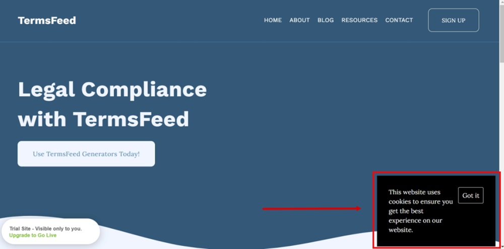 TermsFeed Pixpa - Preview - Cookie Information Bar - displayed