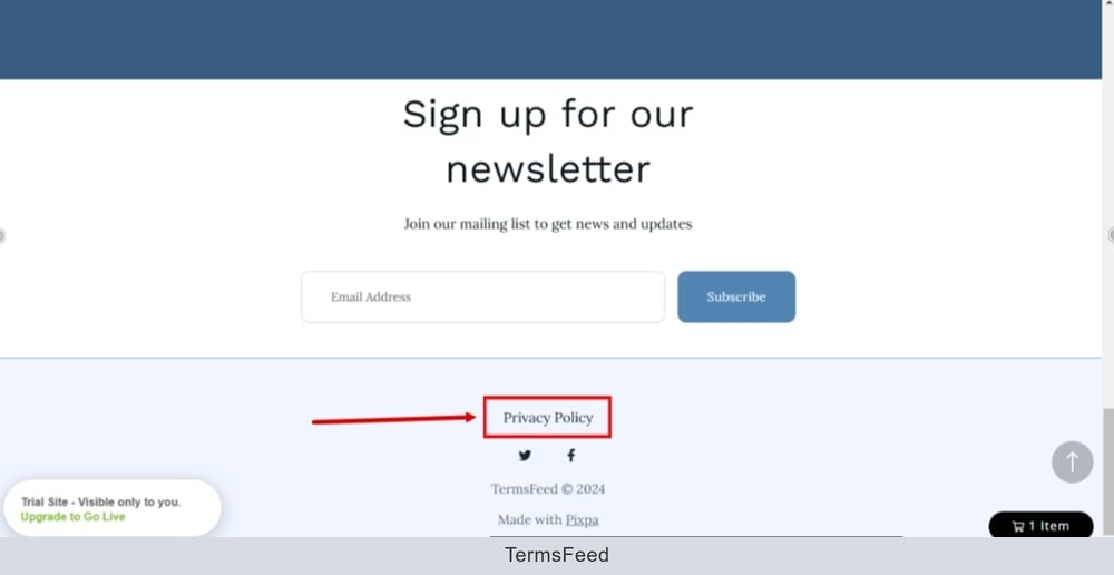 TermsFeed Pixpa - Preview - Footer - Privacy Policy URL displayed