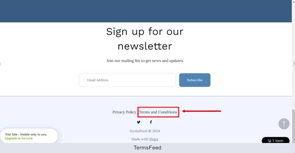 TermsFeed Pixpa - Preview - Footer - Terms and Conditions URL displayed
