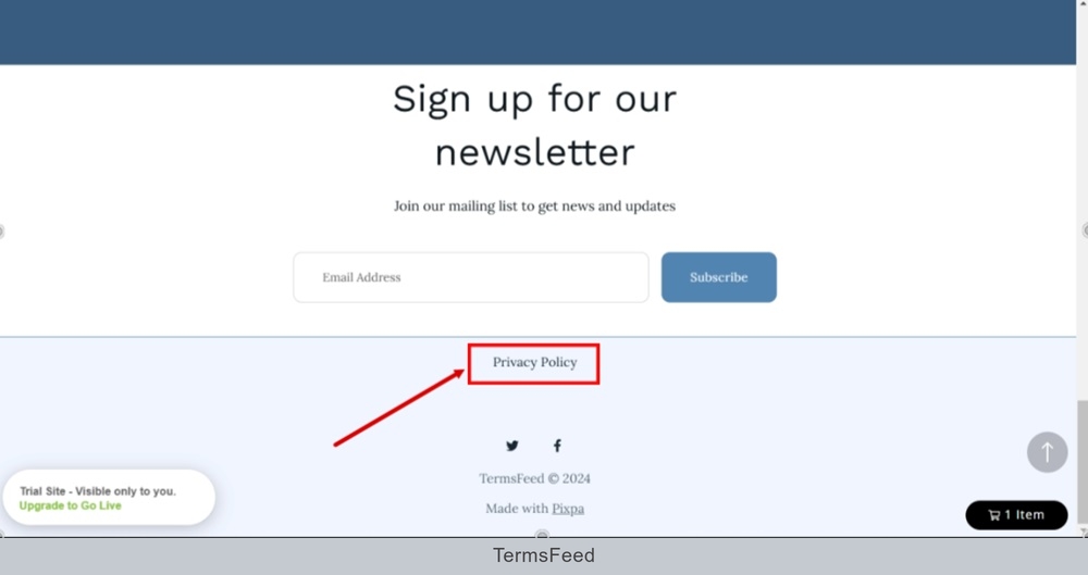 TermsFeed Pixpa - Preview - Footer section - Privacy policy page linked and displayed