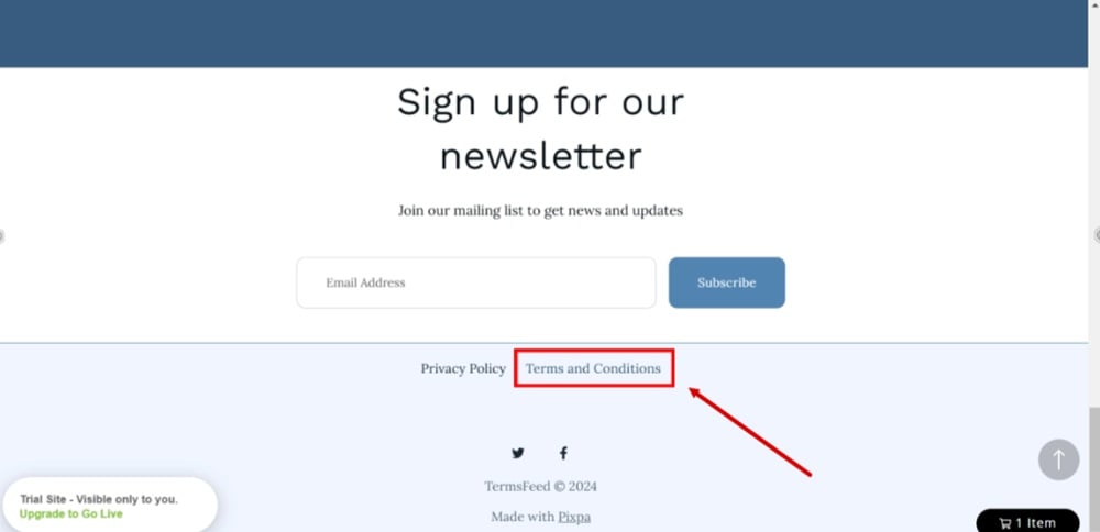 TermsFeed Pixpa - Preview - Footer section - Terms and Conditions page linked and displayed