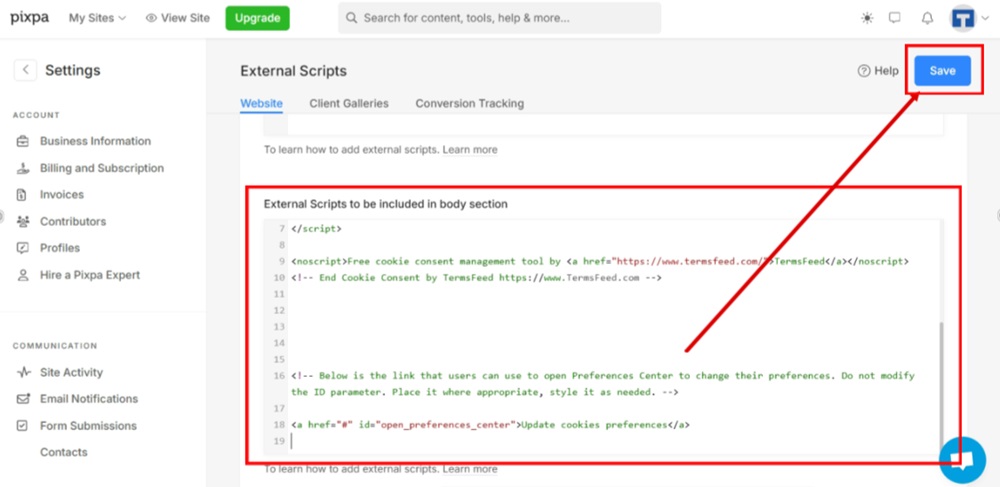 TermsFeed Pixpa - Settings - External Scripts - Body section - Paste the generated Cookie Consent code and click Save