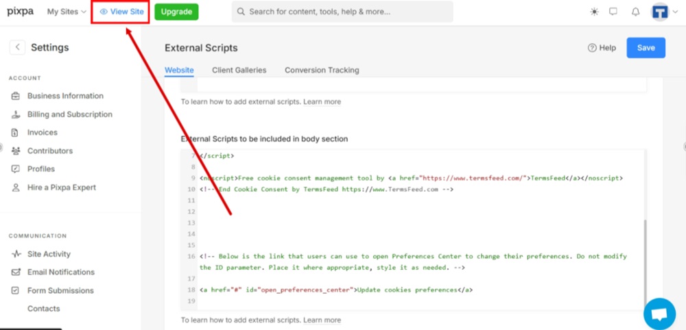 TermsFeed Pixpa - Settings - External Scripts - Body section - Paste the generated Cookie Consent code and click Saved - View Site