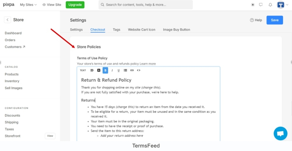 TermsFeed Pixpa - Store - Settings - Checkout tab - Store Policies