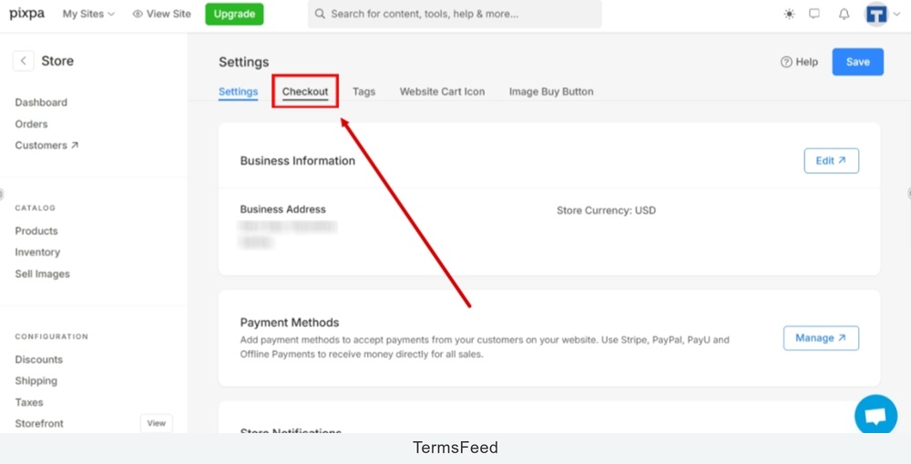 TermsFeed Pixpa - Store - Settings - Checkout tab