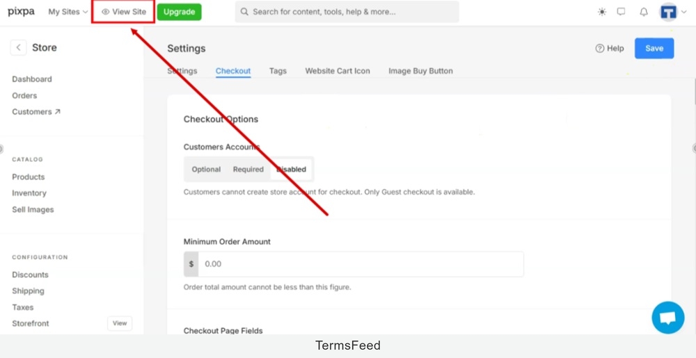 TermsFeed Pixpa - Store - Settings - Checkout tab - View Site