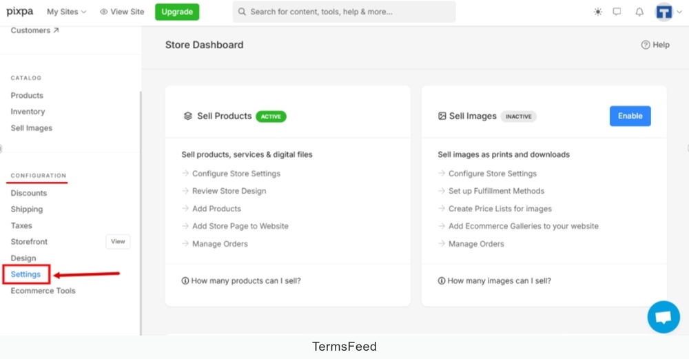 TermsFeed Pixpa - Store - Settings