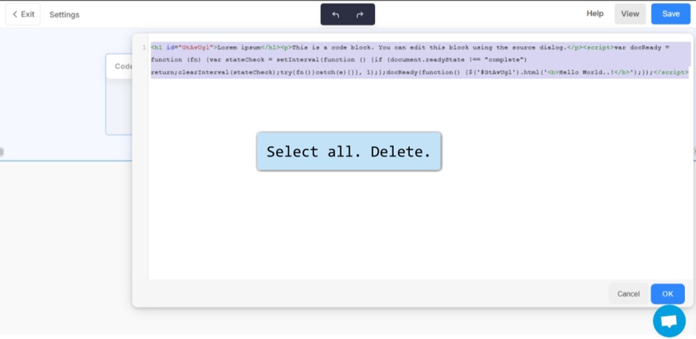TermsFeed Pixpa - Website - Footer Menu - Add Page Section any - add Snippets - HTML, JS, CSS element - open the Code Block - Select all and delete it