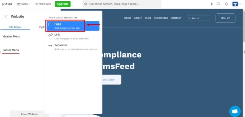 TermsFeed Pixpa - Website - Footer Menu - Add Page