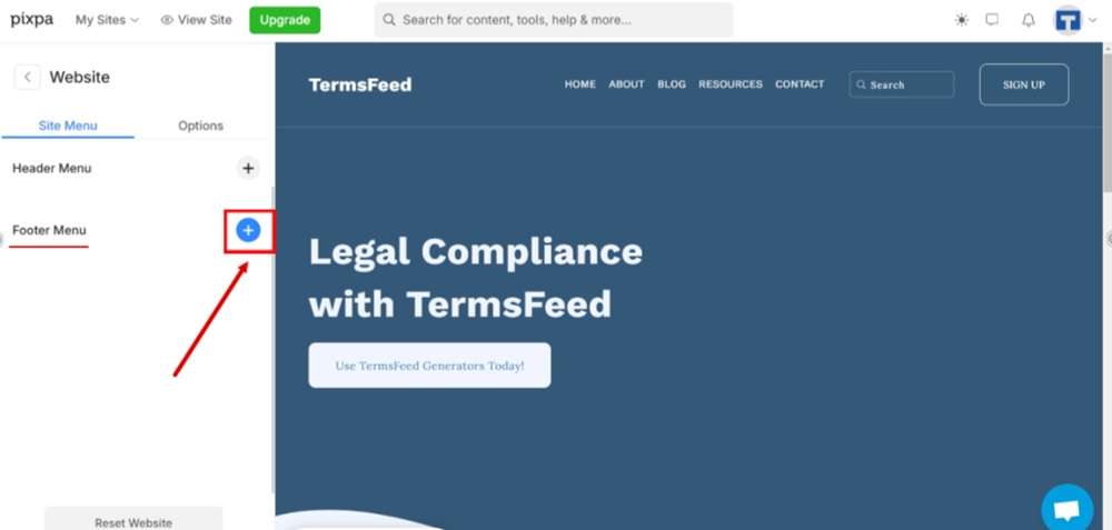 TermsFeed Pixpa - Website - Footer Menu - Add