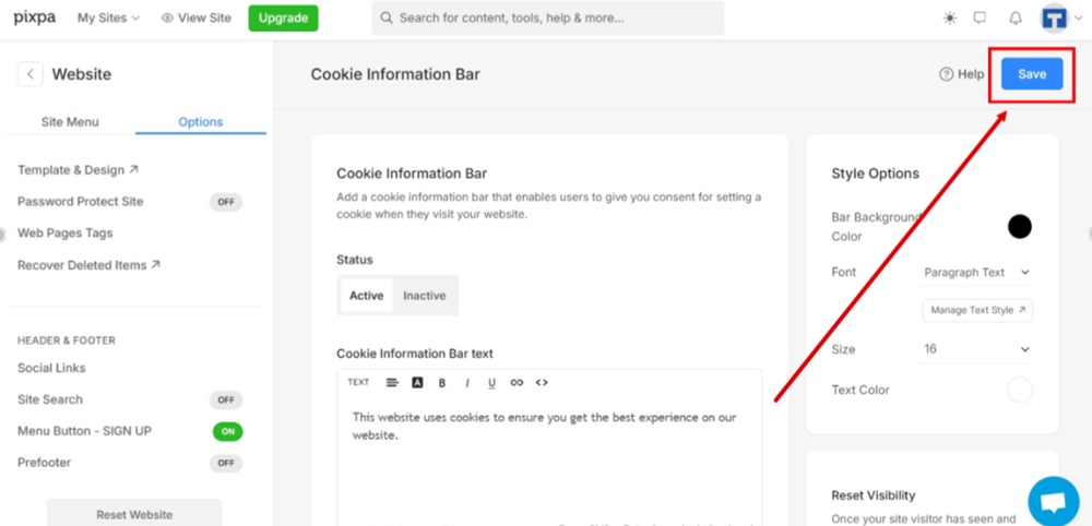 TermsFeed Pixpa - Website - Options tab - Cookie Information Bar - adjusted - Save