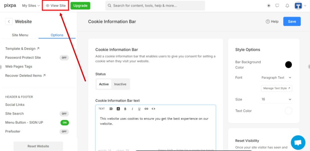 TermsFeed Pixpa - Website - Options tab - Cookie Information Bar - adjusted - Saved - View Site