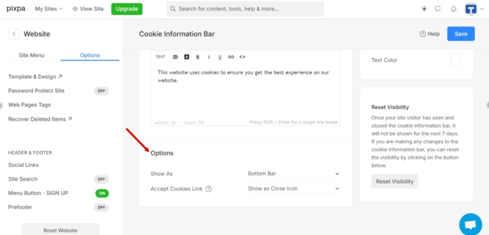 TermsFeed Pixpa - Website - Options tab - Cookie Information Bar - Options Settings