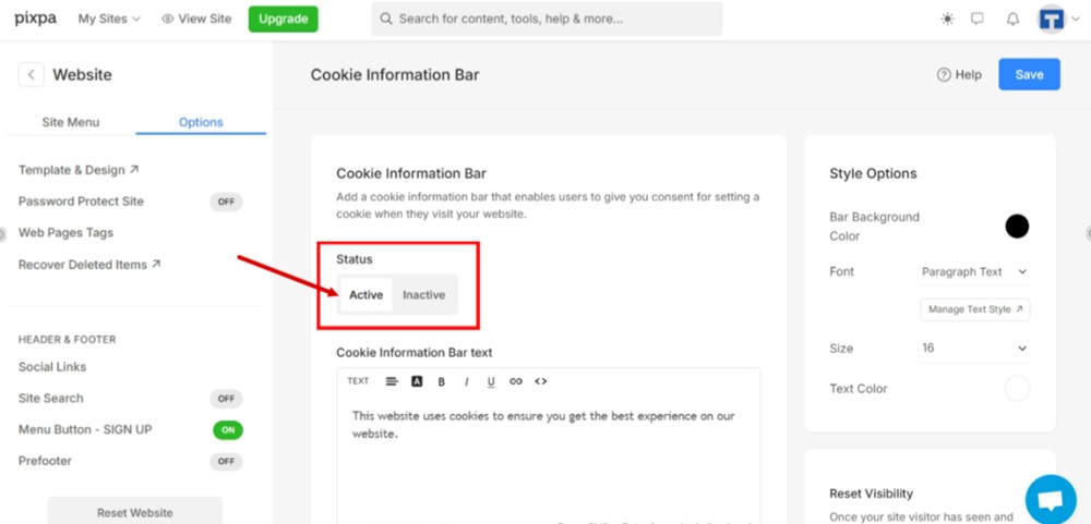 TermsFeed Pixpa - Website - Options tab - Cookie Information Bar - Status - Active