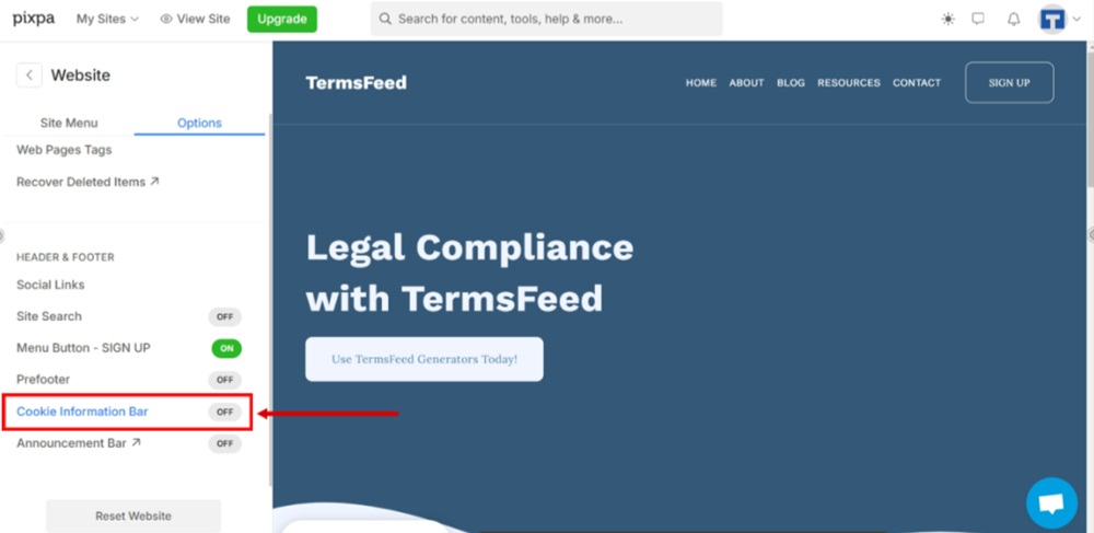 TermsFeed Pixpa - Website - Options tab - Cookie Information Bar