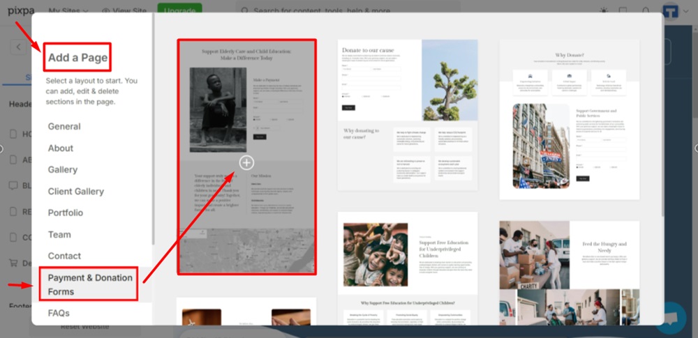 TermsFeed Pixpa - Website - Payment and Donations - Add a new page - form