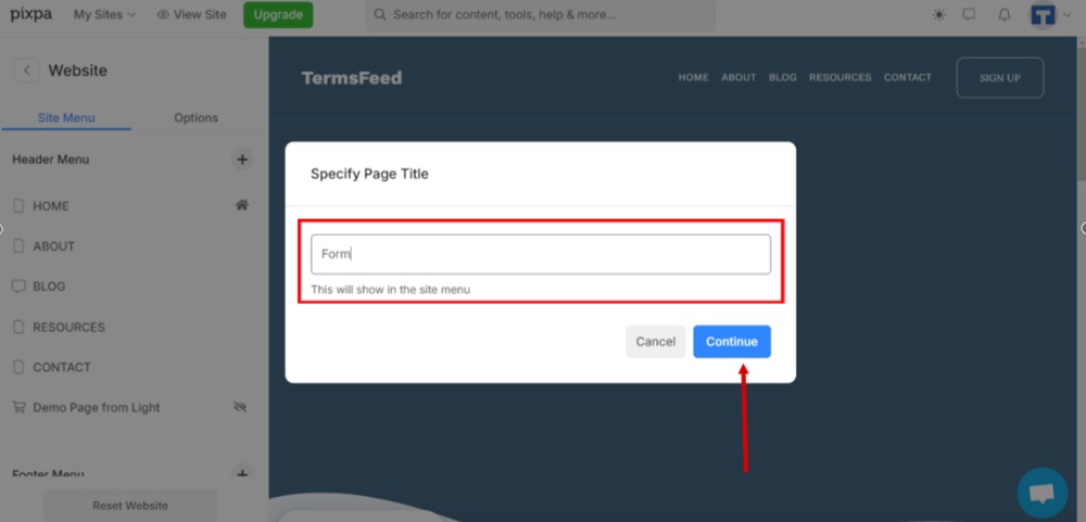 TermsFeed Pixpa - Website - Payment and Donations - Add a new page - title
