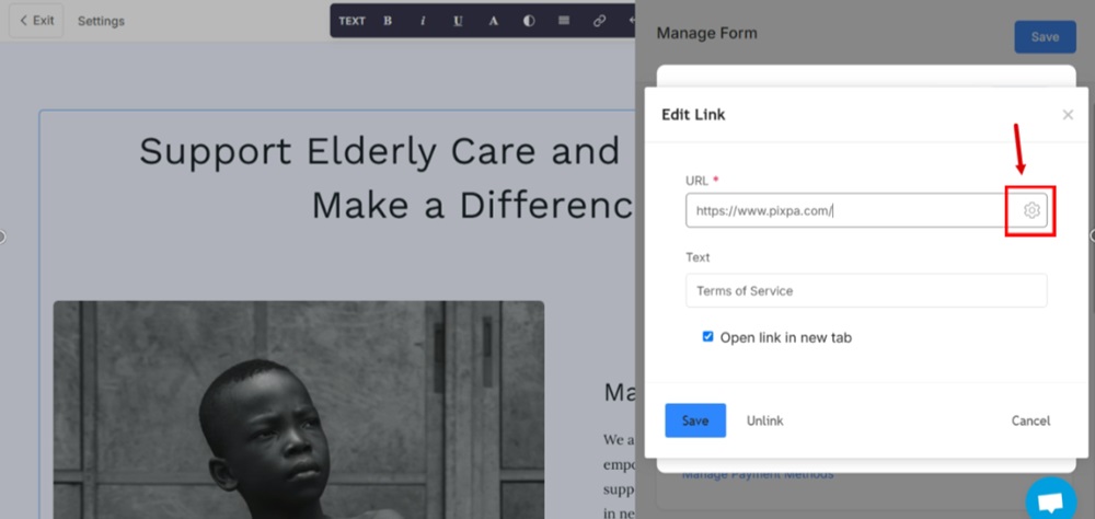 TermsFeed Pixpa - Website - Payment and Donations Form - Edit - Add Field - Consent - Edit Terms of Service link in the URL field with the Gear icon