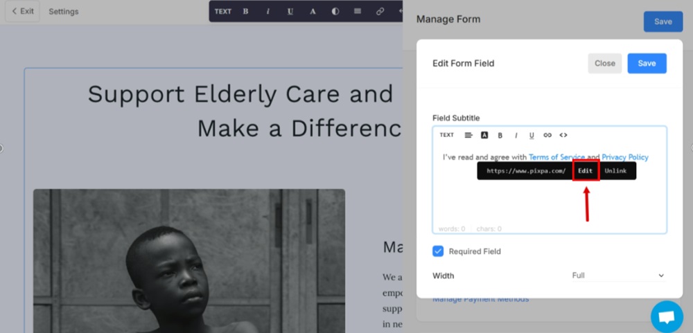 TermsFeed Pixpa - Website - Payment and Donations Form - Edit - Add Field - Consent - Edit Terms of Service link