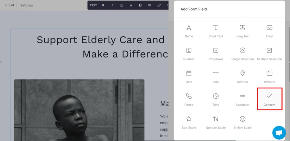 TermsFeed Pixpa - Website - Payment and Donations Form - Edit - Add Field - Consent