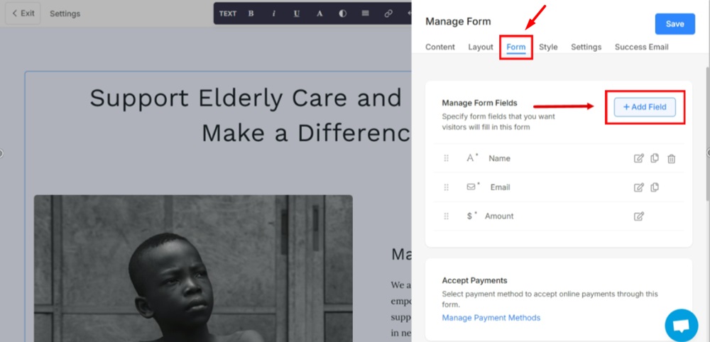 TermsFeed Pixpa - Website - Payment and Donations Form - Edit - Add Field