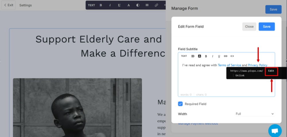 TermsFeed Pixpa - Website - Payment and Donations Form - Edit - Add Field - Consent - Edit Privacy Policy link