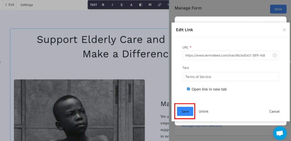 TermsFeed Pixpa - Website - Payment and Donations Form - Edit - Add Field - Consent - Edit Terms of Service - External Link - edited - Save