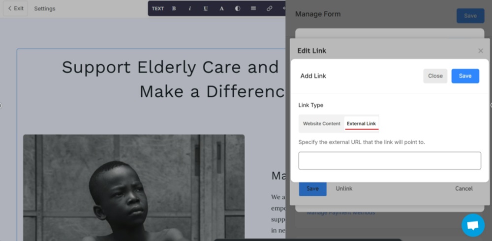TermsFeed Pixpa - Website - Payment and Donations Form - Edit - Add Field - Consent - Edit Terms of Service link type to External Link