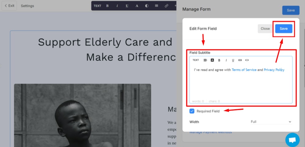 TermsFeed Pixpa - Website - Payment and Donations Form - Edit - Add Field - Consent - Edited and required - Save