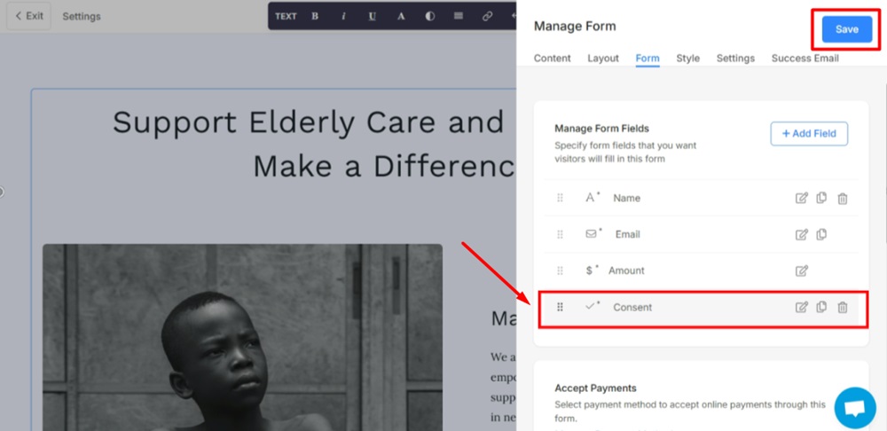 TermsFeed Pixpa - Website - Payment and Donations Form - The Consent field is added - Save