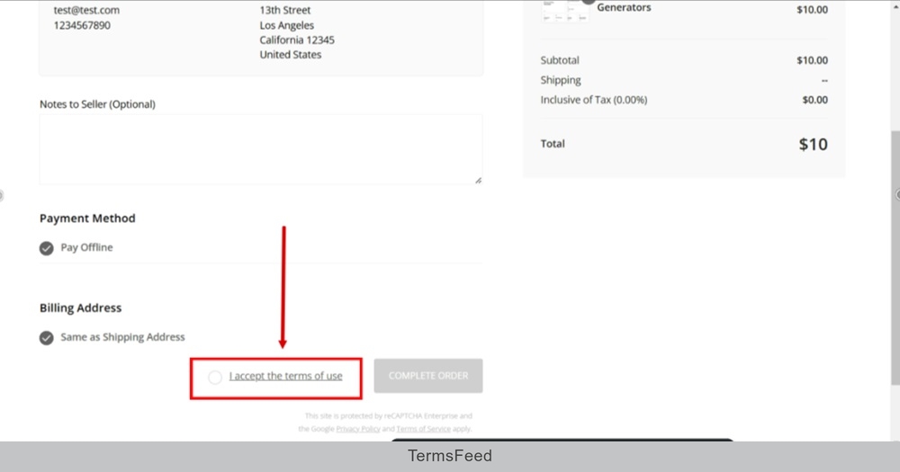 TermsFeed Pixpa - Website Preview - Open Cart - Checkout - step 2 - The I agree to Terms of Use radio button is displayed