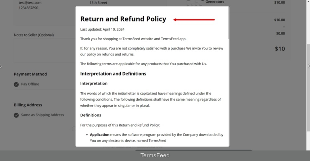 TermsFeed Pixpa - Website Preview - Open Cart - Checkout - step 2 - The link opens in a new window with Return and Refund Policy text displayed