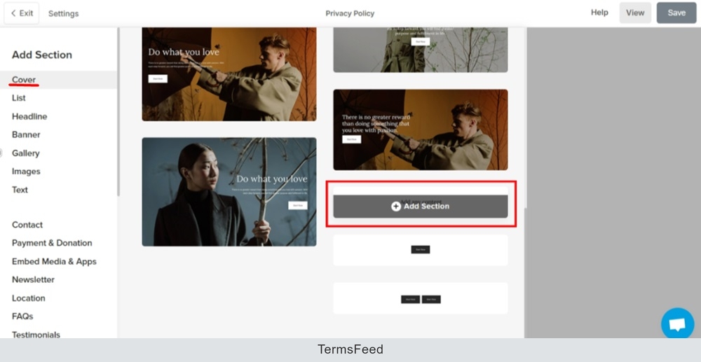 TermsFeed Pixpa - Website - Privacy Policy - Add Page Section any