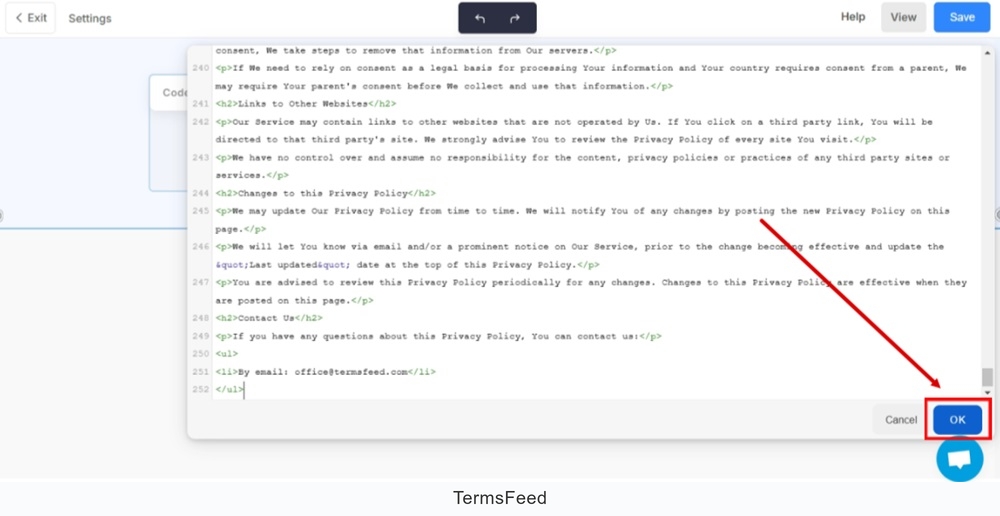 TermsFeed Pixpa - Website - Privacy Policy - Add Page Section any - add Snippets - HTML, JS, CSS element - open the Code Block - pasted OK