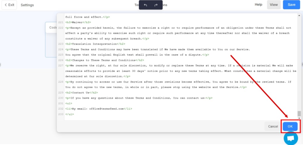 TermsFeed Pixpa - Website - Terms and Conditions - Add Page Section any - add Snippets - HTML, JS, CSS element - open the Code Block - pasted OK