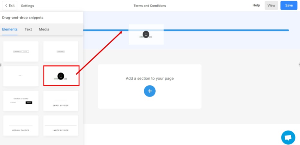 TermsFeed Pixpa - Website - Terms and Conditions Page - Add Section any - add Snippets - HTML, JS, CSS element drag and drop