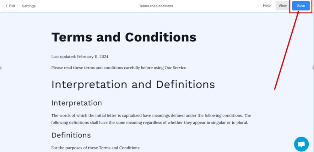 TermsFeed Pixpa - Website - Terms and Conditions page added and edited - Save