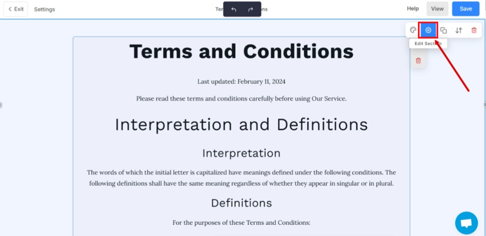 TermsFeed Pixpa - Website - Terms and Conditions - Add Page Section any - add Snippets - HTML, JS, CSS element - added - Edit Settings