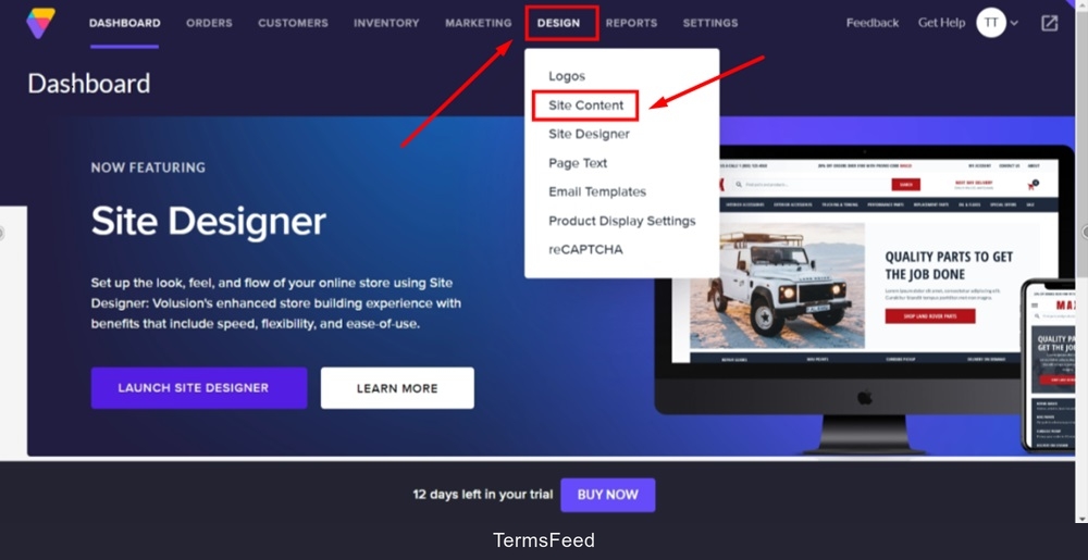TermsFeed Volusion - Dashboard - Design - Site Content