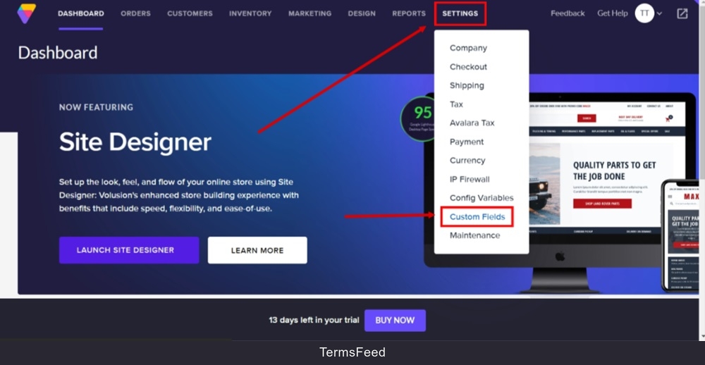 TermsFeed Volusion - Dashboard - Settings - Custom Fields