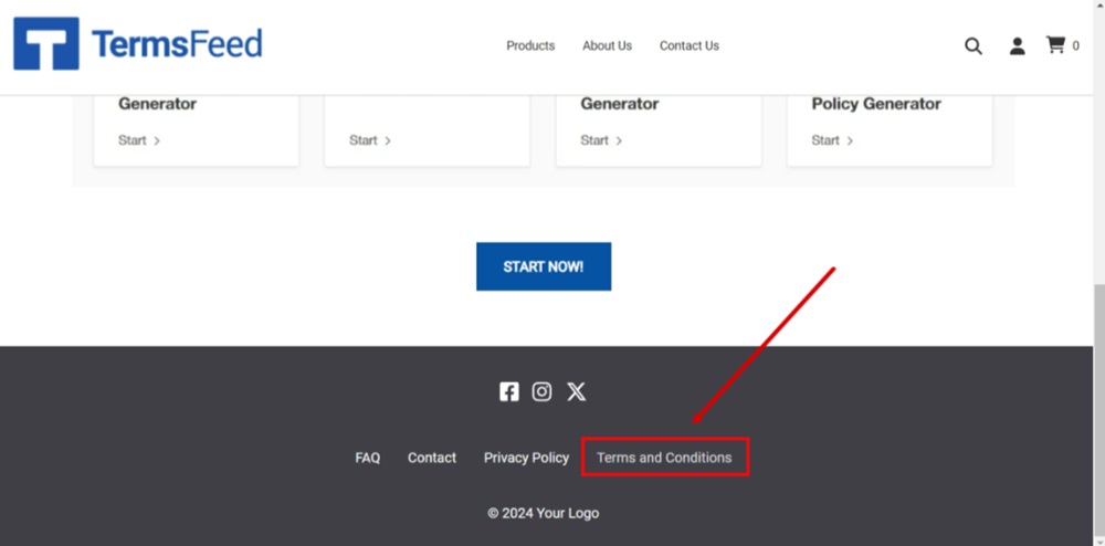 TermsFeed Volusion - Published - Footer section with Terms and Conditions page linked and displayed