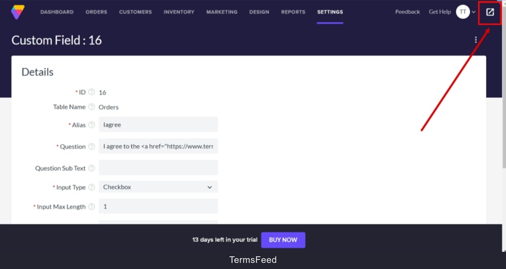 TermsFeed Volusion - Settings - Custom Fields - Details - Saved - View Live Store