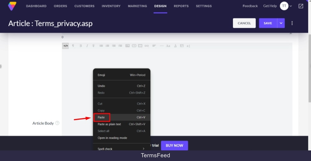 TermsFeed Volusion - Site Content - Articles list - Privacy Policy - Body - Paste